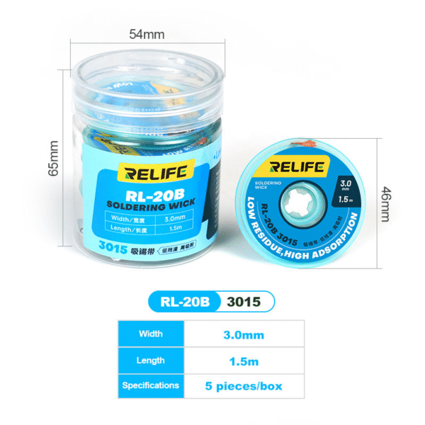 Relife Rl-20B 3015 3.0mm 1.5m Soldering Wick 5 Pcs Pack - Image 4
